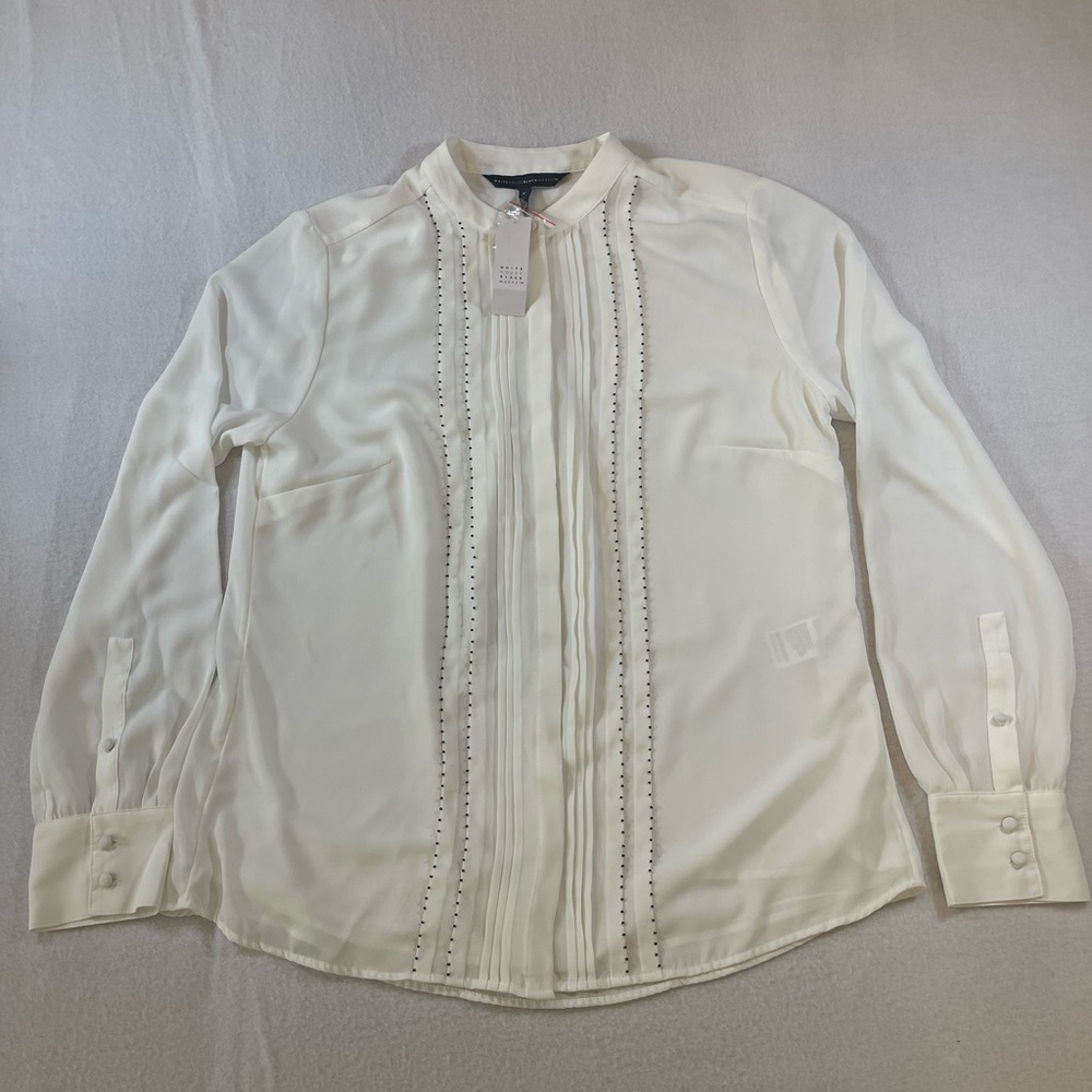White House Black Market NWT Medium White Pleated Studded Work Blouse